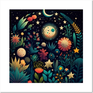 3. Celestial Bohemian Flowers Aesthetic Design Stars Moon Floral Cosmic Pattern Posters and Art